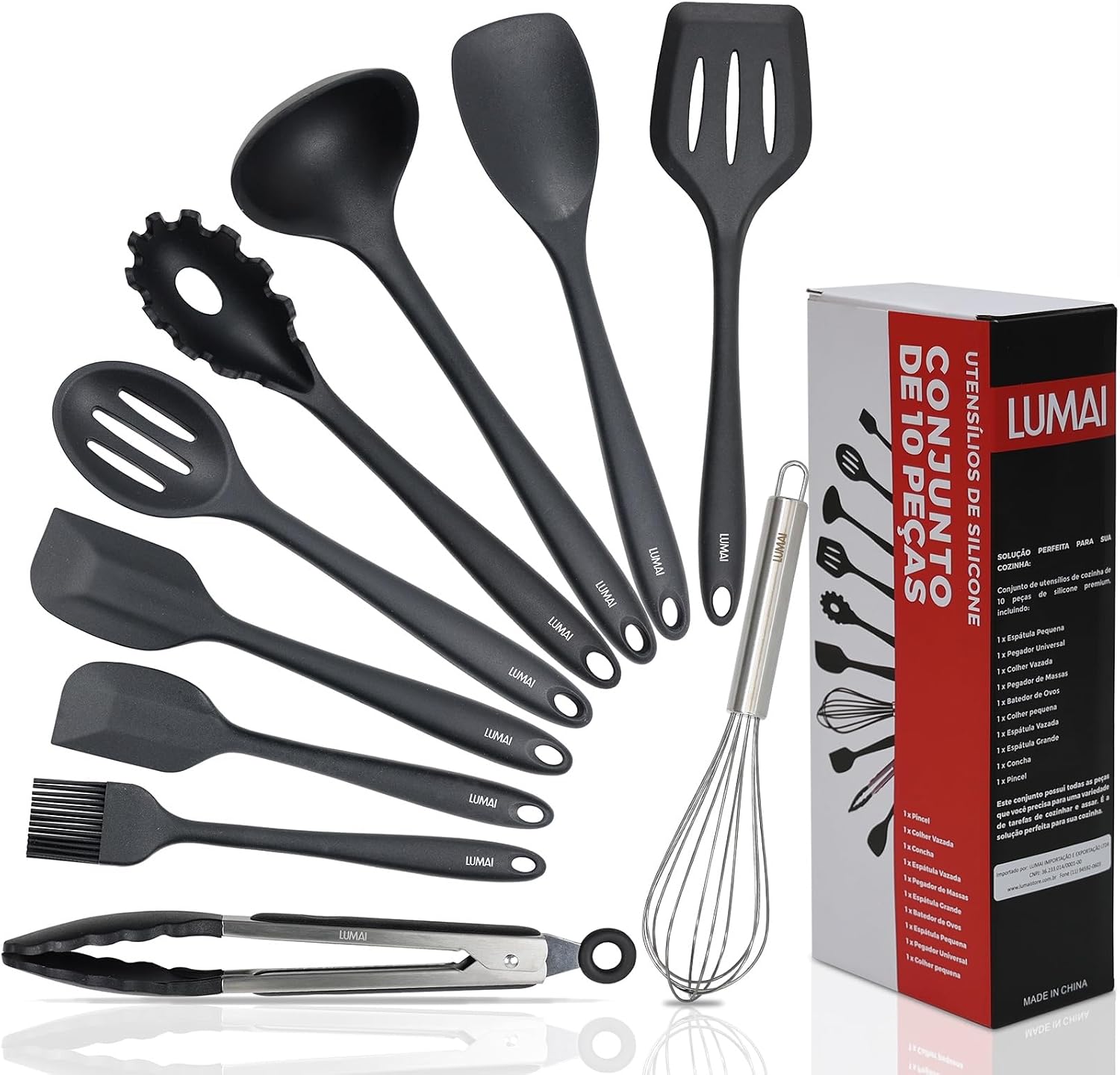 Kit de Utensílios de Cozinha LUMAI Silicone e Aço Inox - 10 Peças - Preto