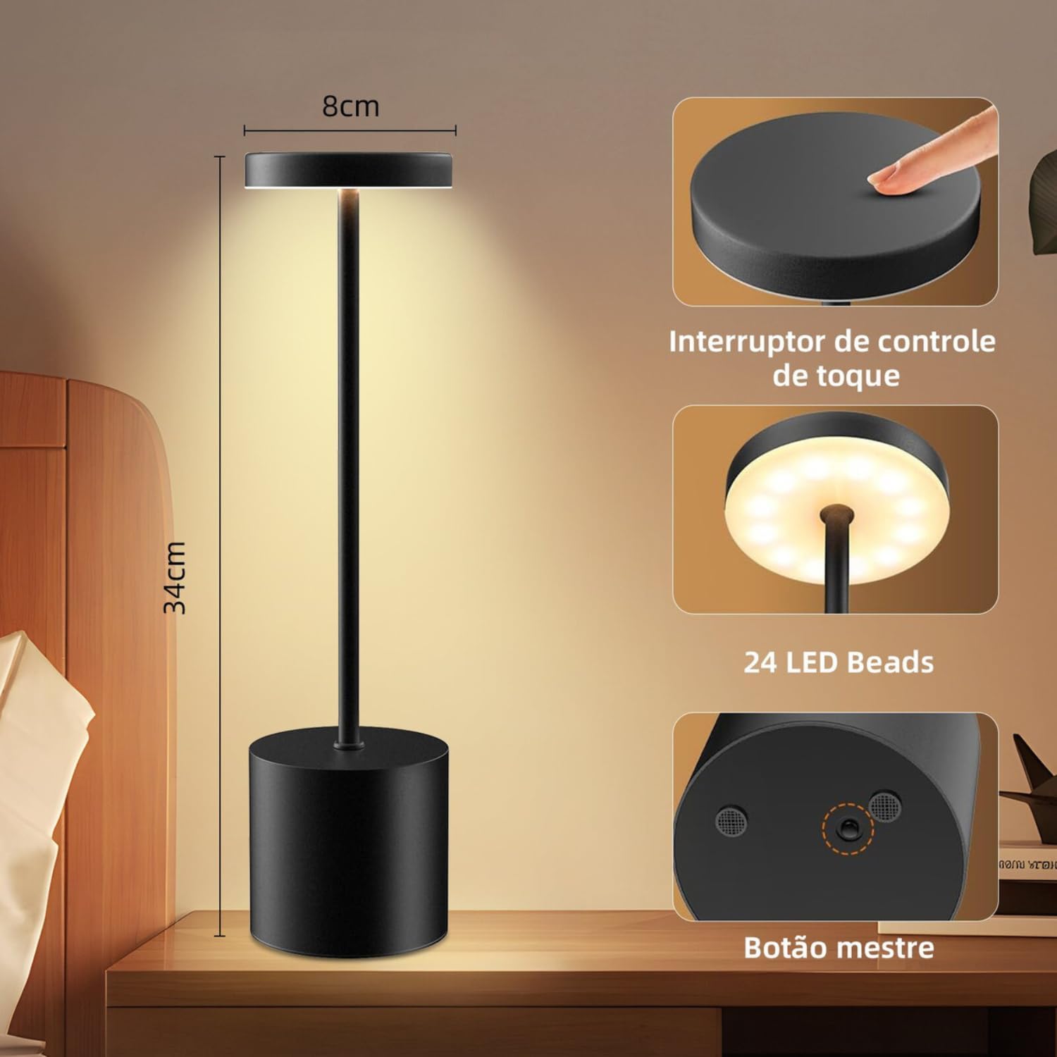 Luminária de Mesa Touch LED Recarregável com 3 Modos de Luz - Preto e Branco — foto 3