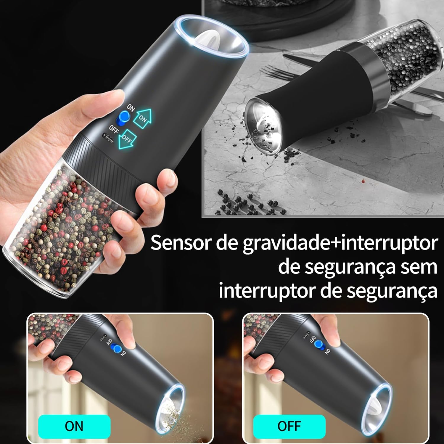 Moedor de Pimenta Elétrico Recarregável USB com Luz LED Ajustável — foto 5