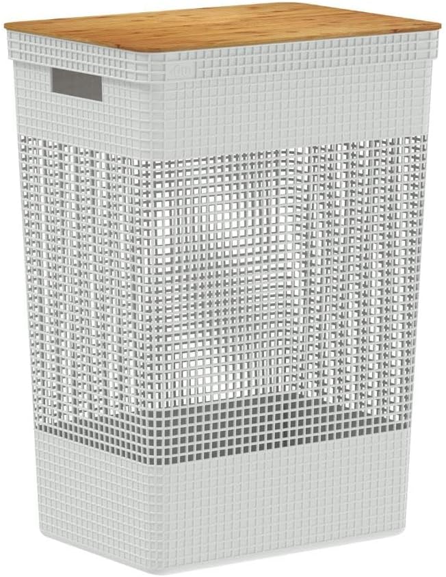 Cesto de Roupas com Tampa de Bambu 49L Branco Oceano Grid