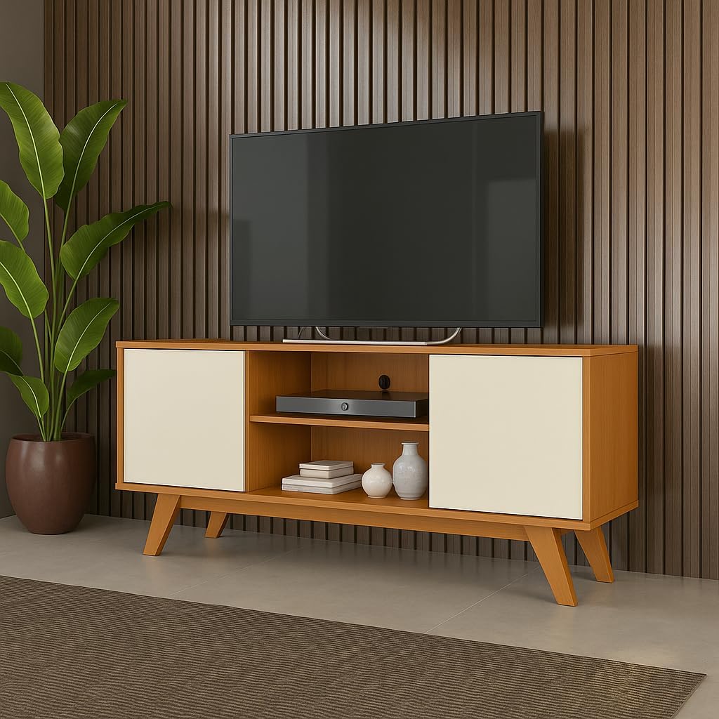 Rack Turim 2 Portas e Nichos para TV até 50 Polegadas - Pés Retrô em Madeira Cedro/Off-White