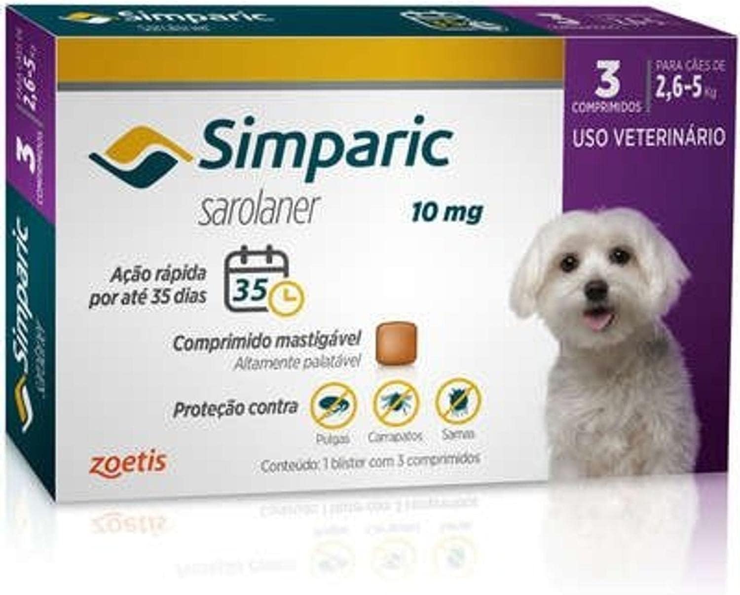 Zoetis Simparic 10mg para Cães de 2,6 a 5kg - 3 Comprimidos